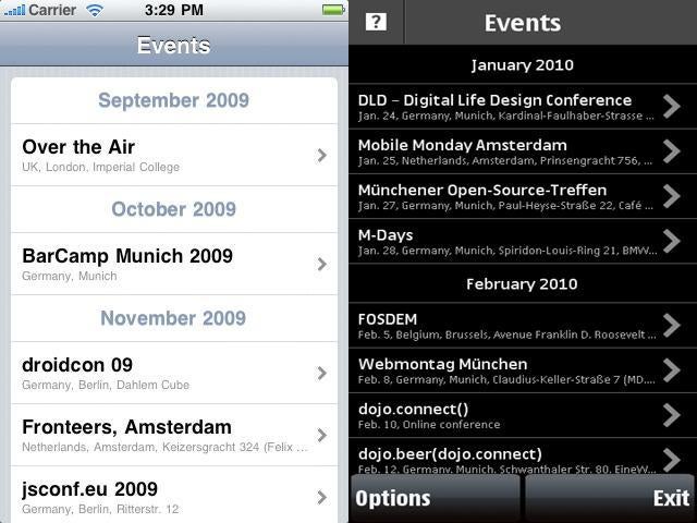 EventNinja (http://eventninja.org), ein Cross-Platform-Kalender, der Events für Web-Developer anzeigt. Links die mit PhoneGap kompilierte iPhone-Version, rechts die als Nokia-WRT-Widget gepackte S60-Variante.