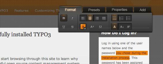 Dank des neuen Editors „Aloha“ in TYPO3 5.0 können Redakteure ihre Inhalte direkt im Frontend bearbeiten. Dank des neuen Editors „Aloha“ in TYPO3 5.0 können Redakteure ihre Inhalte direkt im Frontend bearbeiten.