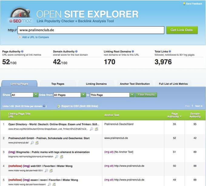 Das kostenlose Tool OSE zeigt viele Verlinkungen für eine Website an.