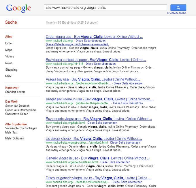 Eine Site-spezifische Google-Suche nach Begriffen wie „Viagra“ gibt Aufschluss darüber, ob ein Website manipuliert wurde. Eine Site-spezifische Google-Suche nach Begriffen wie „Viagra“ gibt Aufschluss darüber, ob ein Website manipuliert wurde.
