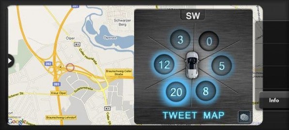 Welche Twitternachrichten gerade in unmittelbarer Nähe verschickt werden, zeigt die App „Tweet Map“, die im Rahmen eines Wettbewerbs von Volkswagen entstanden ist.