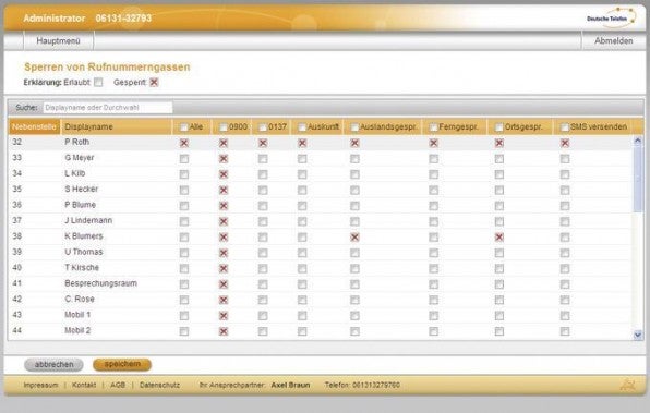 Jeder Nebenstelle können einzelne Rufnummerngassen, etwa 0900-Nummern, gesperrt oder erlaubt werden.