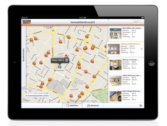 Die kartenbasierte Suche auf dem iPad ersetzt das Vor-Ort-Sein bei ImmobilienScout24.