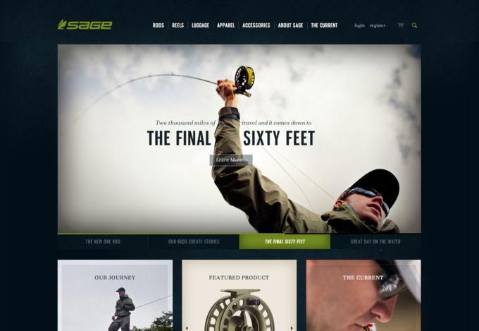 Sage, Premiumhersteller für Angelzubehör, setzt auf dunkles Webdesign, um für Männer Exklusivität auszustrahlen. Sage, Premiumhersteller für Angelzubehör, setzt auf dunkles Webdesign, um für Männer Exklusivität auszustrahlen.