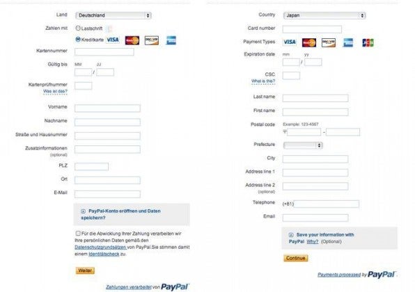 Paypal berücksichtigt kulturelle Unterschiede und fragt in Japan den Nachnamen vor dem Vornamen ab. Auch die Adressabfrage weicht von der uns bekannten ab.