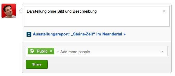 Dieselbe Website bei Google+, dieses Mal ohne Open-Graph-Protokoll. Dieselbe Website bei Google+, dieses Mal ohne Open-Graph-Protokoll.