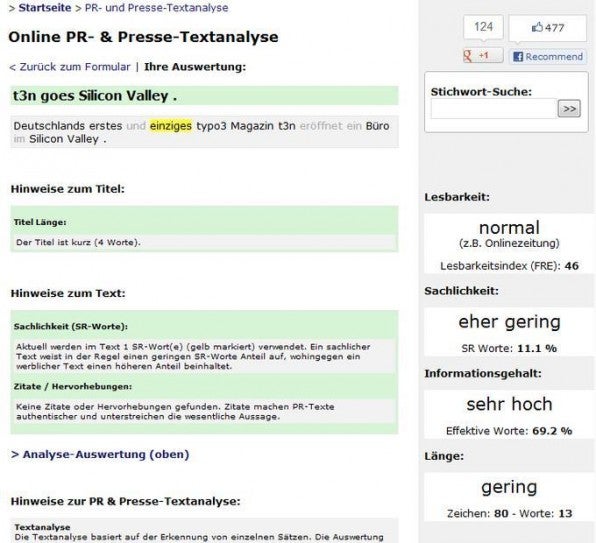 Mit dem Textanalyse-Tool von Presse Anzeiger können Pressemitteilungen auf Buzz-Words und andere sprachliche Dinge hin untersucht werden.
