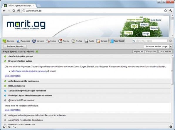 Dank der PageSpeed-Optimierungen konnte die Ladezeit der Marit-Website von 1,2 auf 0,6 Sekunden halbiert werden. Eine Verbesserung, die nicht nur den PageRank, sondern vor allem die Zufriedenheit der Besucher erhöht. Dank der PageSpeed-Optimierungen konnte die Ladezeit der Marit-Website von 1,2 auf 0,6 Sekunden halbiert werden. Eine Verbesserung, die nicht nur den PageRank, sondern vor allem die Zufriedenheit der Besucher erhöht.