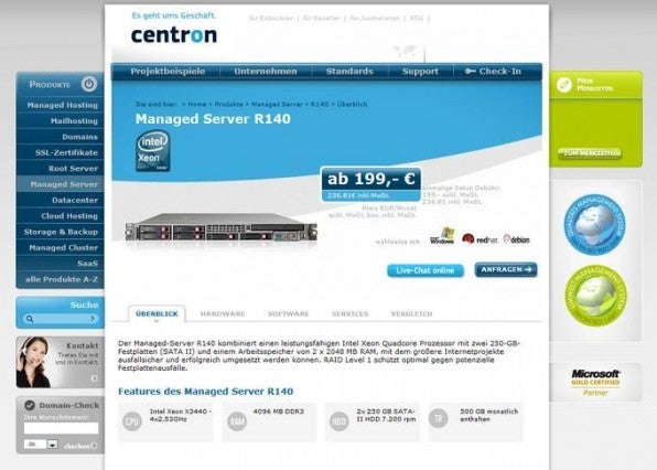 Beim Centron-Angebot „Managed Server R140“ sind nur 500 GByte Traffic enthalten. Dass jedes weitere GByte 59 Cent kostet, ist auf Anhieb nicht ersichtlich. Beim Centron-Angebot „Managed Server R140“ sind nur 500 GByte Traffic enthalten. Dass jedes weitere GByte 59 Cent kostet, ist auf Anhieb nicht ersichtlich.