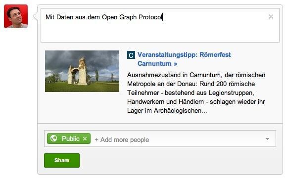 Eine mit Open-Graph-Protokoll bei Google+ eingebundene Website. Eine mit Open-Graph-Protokoll bei Google+ eingebundene Website.