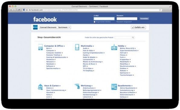 Conrad Electronic setzt auf Facebook keinen vollwertigen Shop ein, sondern bildet lediglich den eigenen Produktkatalog ab.