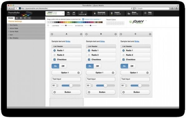 Mit dem „ThemeRoller“ stellt jQuery Mobile einen grafischen Editor online bereit, mit dem Designer das komplette Look & Feel ihrer Apps leicht konfigurieren können.