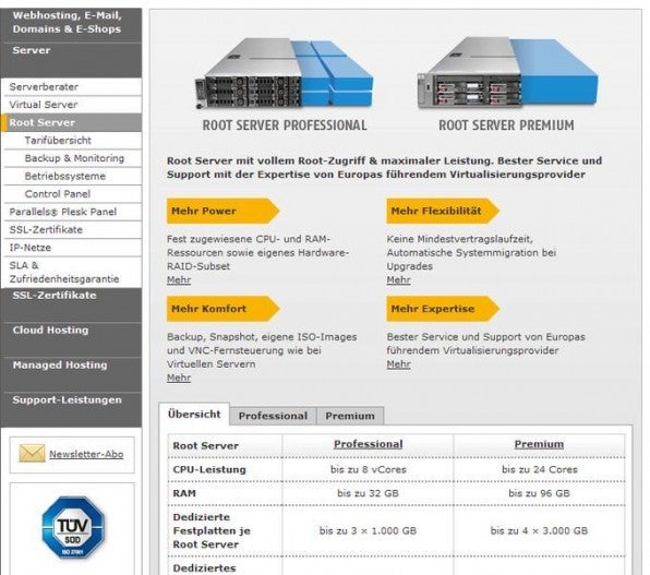 Aufgepasst: Bei den Root-Servern der „Professional“-Reihe von Host Europe handelt es sich um virtuelle Server auf KVM-Basis, während die „Premium“-Reihe nichtvirtualisierte Server bietet.