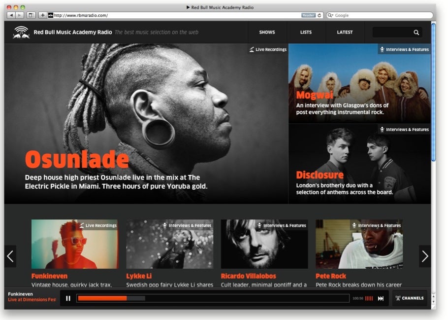 rbmaradio.com, das Online-Radio der Red Bull Music Academy, stellt Sendungen mittels Backbone.js und Backbone.Marionette zur Verfügung.