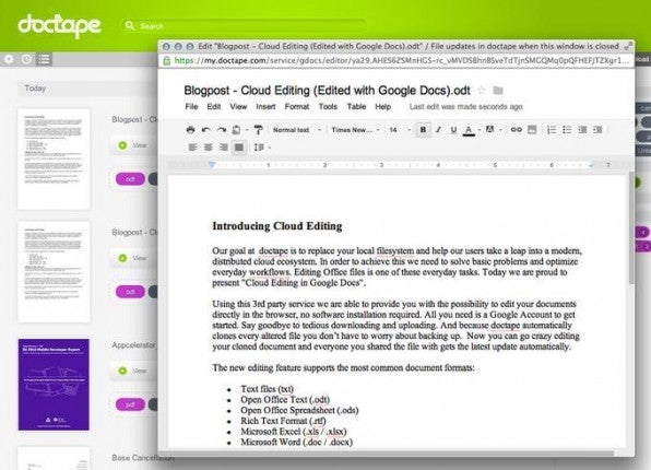 doctape integriert Google Docs in seine Web-Oberfläche, um Dokumente online zu bearbeiten; auch im Team. doctape integriert Google Docs in seine Web-Oberfläche, um Dokumente online zu bearbeiten; auch im Team.