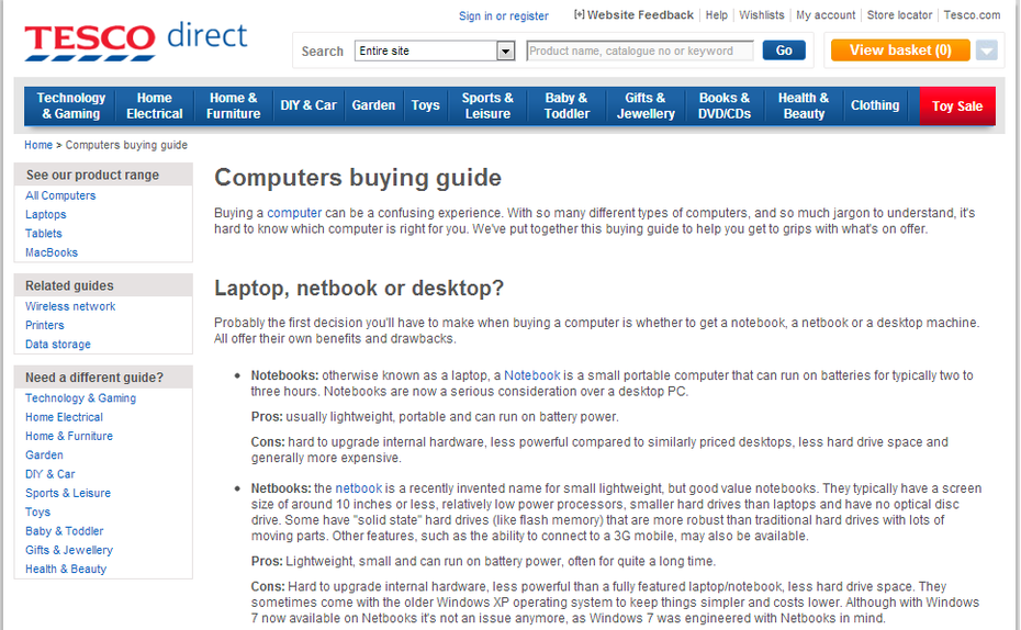 Tesco direct nutzt einen Computer-Kaufratgeber als Artikel-Linkbait.