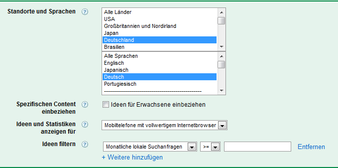 Mit dem Filter „Mobiltelefone mit vollwertigem Internetbrowser“ liefert das Google Adwords Keyword Tool Suchvolumina und Daten zum Wettbewerb in der mobilen Suche.