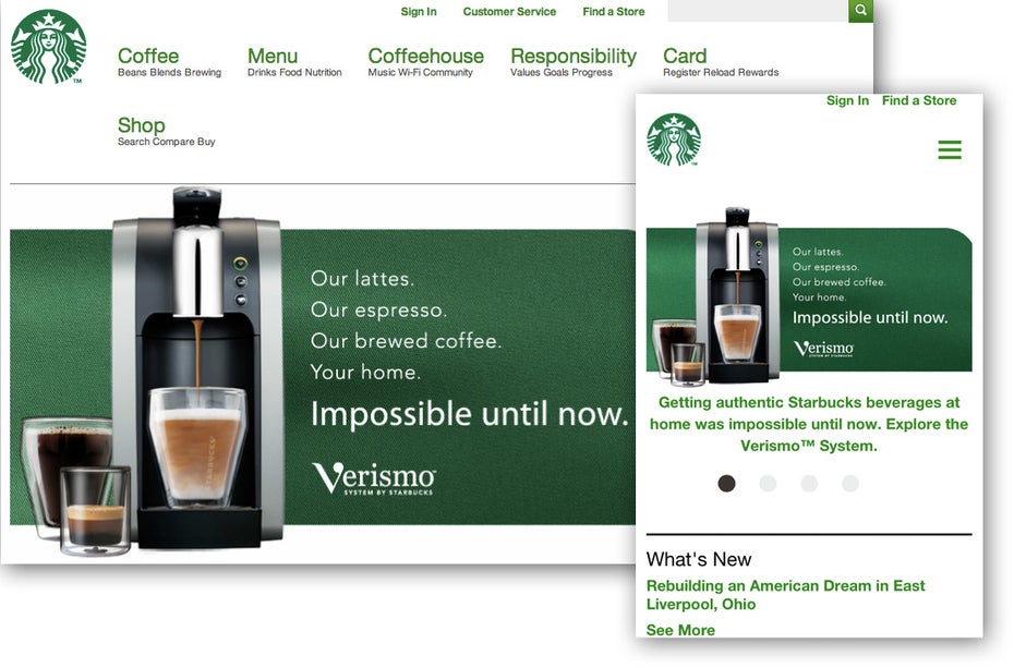 Responsive Webdesign am Beispiel Starbucks.com – eine Domain, zwei Layouts: die stationäre und mobile Variante.