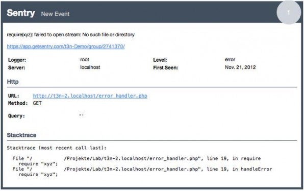 Sentry informiert bei aufgetretenen Fehlern einen festgelegten Empfängerkreis per E-Mail oder IM. Sentry informiert bei aufgetretenen Fehlern einen festgelegten Empfängerkreis per E-Mail oder IM.