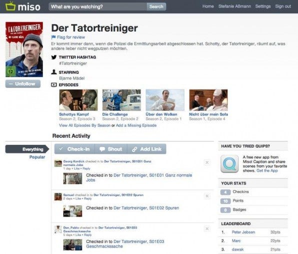 miso ist mehr als ein Check-In-Dienst. Über Sideshows können Nutzer und Formatinhaber unter anderem Zusatzinformationen und Umfragen einbauen.