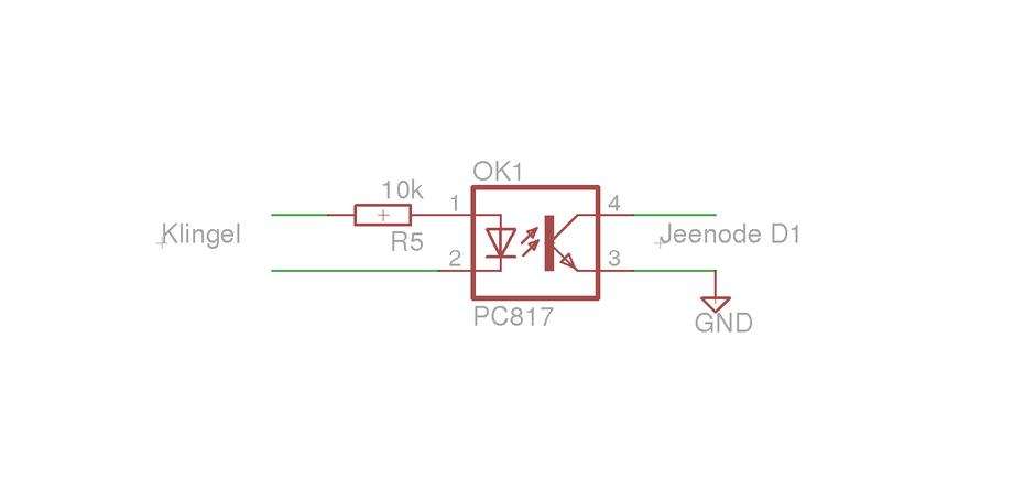 Der Schaltplan der Klingel: Der Vorwiderstand des Optokopplers richtet sich nach der Spannung beim Klingeln. 10kOhm sollte ein sicherer Wert sein.