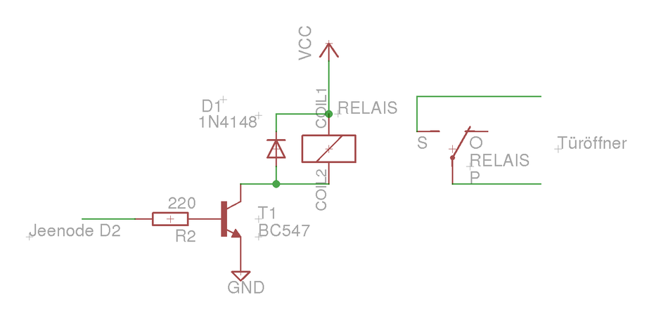 Der Schaltplan des Türöffners: VCC (Pin für positive Versorgungsspannung) und GND (Masse) müssen mit der Versorgungsspannung und Masse der JeeNode verbunden sein.