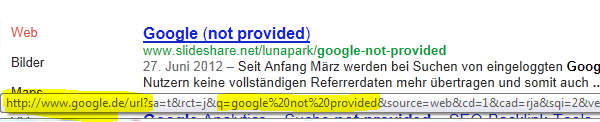 Der Ergebnislink eines Google-Suchtreffers über http enthält die Sucheingabe.