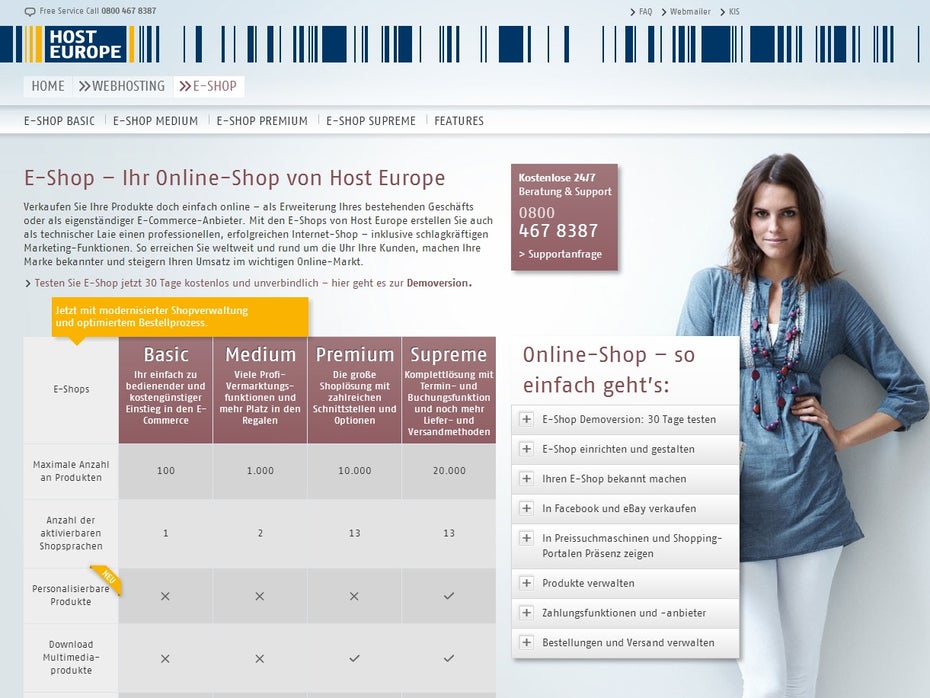 Die Shop-Varianten von Host Europe bieten einen großen Funktionsumfang.