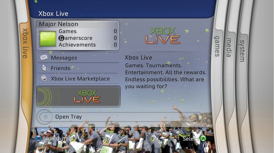 Die Oberfläche der Xbox 360 hat eine beeindruckende Evolution durchlaufen. Microsoft hat seit dem ersten Dashboard 2005 (hier im Bild) immer wieder an Design und Interface geschraubt.