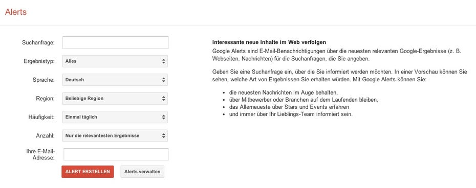 Mit Google Alerts lassen sich schnell Benachrichtigungen zu bestimmten Themen beziehungsweise Keywords einrichten.