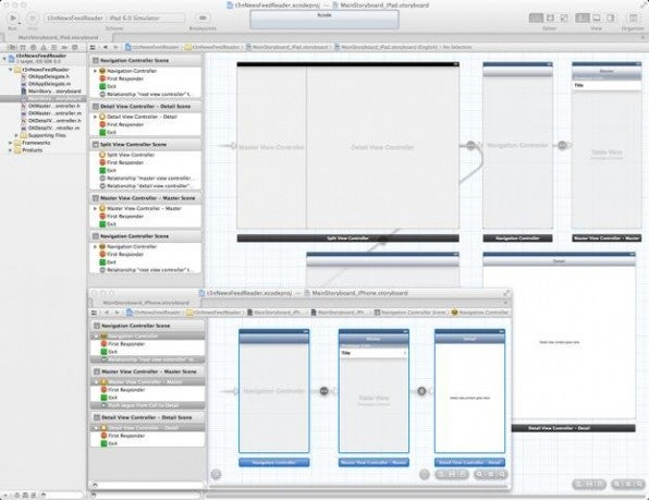 xCode: Das automatisch erzeugte Storyboard für iPhone und iPad eines Master-Detail-Templates vereinfacht die Entwicklung und hält den Code schlank. xCode: Das automatisch erzeugte Storyboard für iPhone und iPad eines Master-Detail-Templates vereinfacht die Entwicklung und hält den Code schlank.