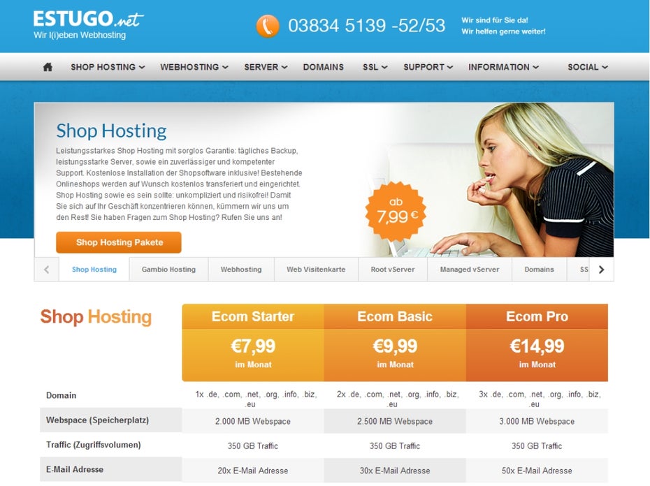 Hosting-Anbieter wie estugo bieten spezielle Hosting-Angebote für Shop-Betreiber an. Es ist zu empfehlen, genau zu prüfen, was die einzelnen Anbieter in ihren Paketen an Leistung zur Verfügung stellen.