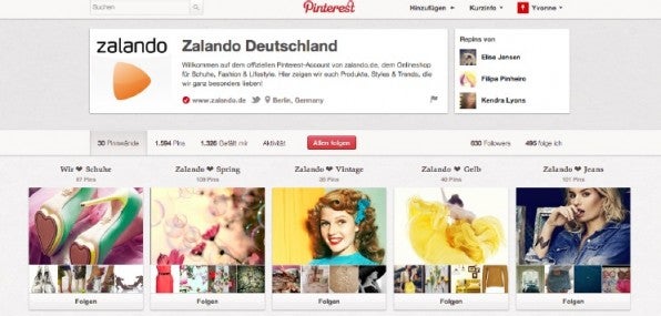 Zalando gehört in Deutschland mit mehr als 1500 Pins und 1300 Likes zu den Vorreitern bei Pinterest. Neben Produkt-Boards gibt es auch Boards für Stilikonen und Farben.