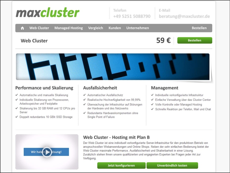 Spezielles Angebot: Bei „Web Cluster“ von maxcluster handelt es sich um eine skalierbare Lösung auf Basis von Managed Servern.