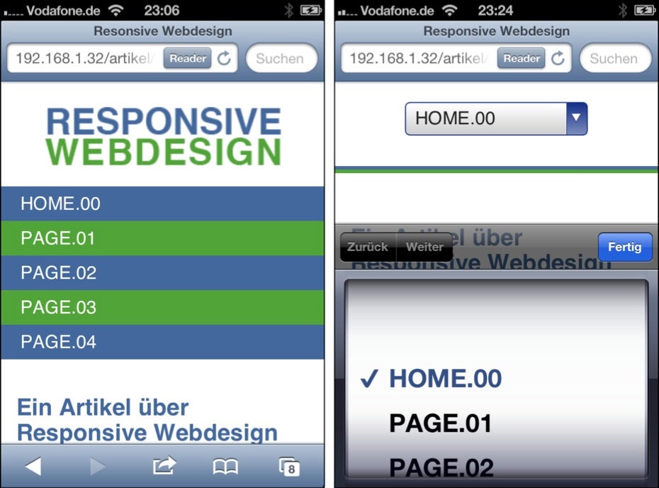 Links: Eine einfache vertikale Ansicht nimmt zu viel Platz im Viewport ein und sollte nur bei sehr wenigen Menüpunkten zum Einsatz kommen. Rechts: Eine Select-Box als Navigation auf dem iPhone.