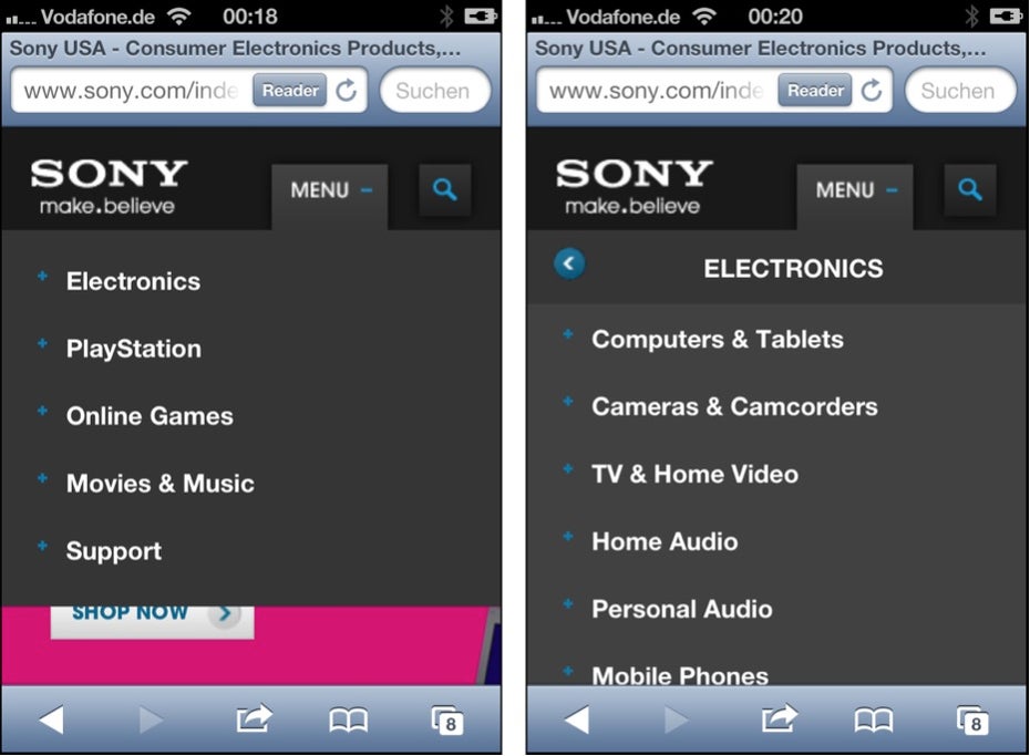 Links: Sony blendet zunächst das Hauptmenü ein. Rechts: Bei einem Klick schiebt sich das Subemnü von der Seite hinein.