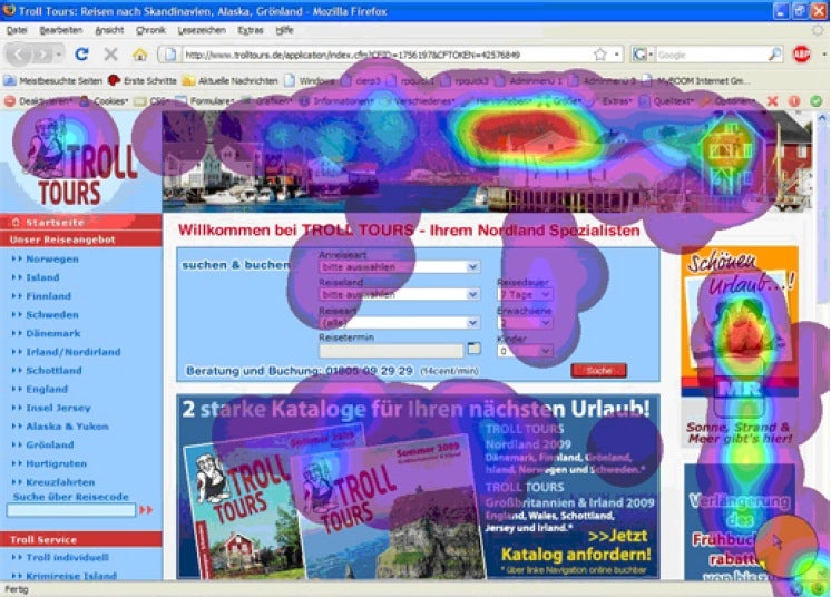 Per Eye-Tracking wird die Blickrichtung von Website-Besuchern aufgezeigt und in „Heatmaps“ dargestellt. Am höchsten ist die Verweildauer bei den Menüs und Buttons.