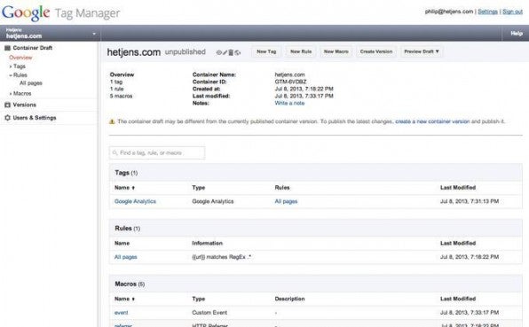 Die Containerübersicht des Google Tag Manager zeigt alle Tags, Rules und Macros für eine Webseite. Eine getrennte Verwaltung verschiedener Tracking-Codes ist somit nicht mehr nötig. Die Containerübersicht des Google Tag Manager zeigt alle Tags, Rules und Macros für eine Webseite. Eine getrennte Verwaltung verschiedener Tracking-Codes ist somit nicht mehr nötig.