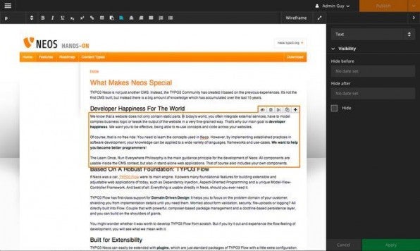 Das UI-Design von Neos hat bereits große Fortschritte gemacht: Das Bearbeiten von Inhalten im Frontend ist in der Alpha4 von TYPO3 Neos bereits gut möglich. Das UI-Design von Neos hat bereits große Fortschritte gemacht: Das Bearbeiten von Inhalten im Frontend ist in der Alpha4 von TYPO3 Neos bereits gut möglich.