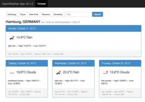 Die fertige Wetter-App: Vorhersagen für die kommenden Tage werden in Panels dargestellt, die im HTML-Code über die eigens implementierte Direktive „weather-panel” deklariert wurden. Die fertige Wetter-App: Vorhersagen für die kommenden Tage werden in Panels dargestellt, die im HTML-Code über die eigens implementierte Direktive „weather-panel” deklariert wurden.