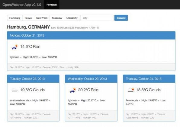 Die fertige Wetter-App: Vorhersagen für die kommenden Tage werden in Panels dargestellt, die im HTML-Code über die eigens implementierte Direktive „weather-panel” deklariert wurden.