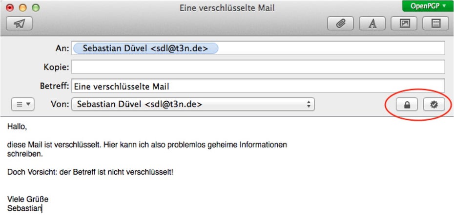 Über die zwei Icons rechts unter der Betreffzeile kann man E-Mail sowohl verschlüsseln als auch signieren (Abbildung 3).
