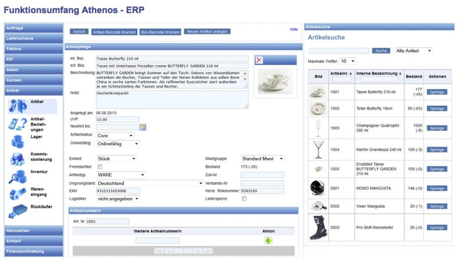 Die ERP-Komponente von Athenos bietet weitgehend automatisierte Workflows für die zentralen Aufgaben der Geschäftsprozesse: Materialwirtschaft, Auftragsbearbeitung, Faktura und Lagerverwaltung.