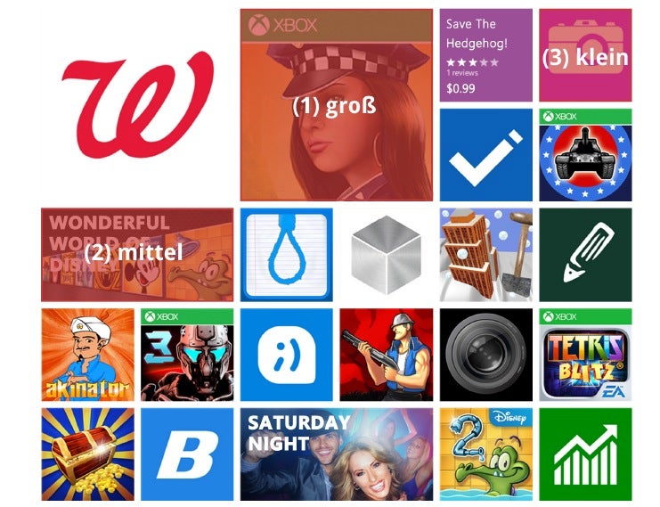 Microsofts Windows-Phone-Store verwendet ein Metro-Raster mit Content-Bereichen in drei verschiedenen Größen.