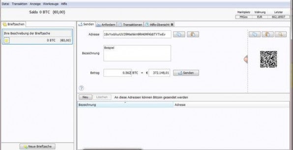 Mit Bitcoin zu bezahlen, dauert nur wenige Sekunden (Beispielwallet von Multibit): Adresse des Empfängers einfügen, Betrag eingeben und per Knopfdruck versenden. Die Überweisung wird nun an die anderen Knoten im Netzwerk weitergegeben, augenblicklich registriert und nach etwa zehn Minuten bestätigt.