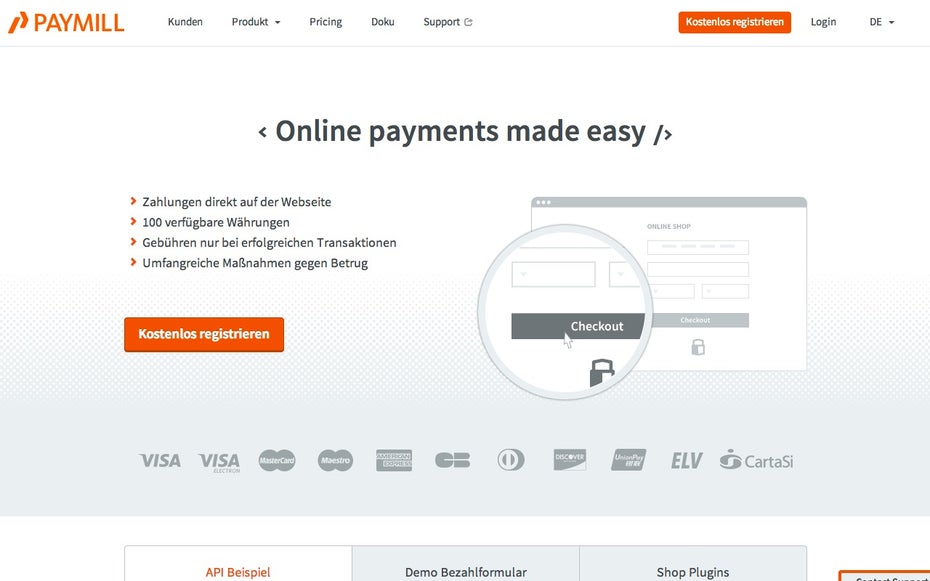 Paymill bietet Kreditkartenzahlung und Lastschriftverfahren an. (Screenshot: paymill.com)