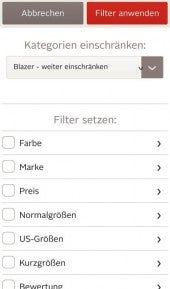 Otto liefert seinen Mobile-Usern umfangreiche Filtermöglichkeiten. Gestalterisch opulent ist das nicht, aber pragmatisch.