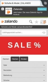 Zalando lenkt die volle Aufmerksamkeit auf den „Sale“-Button. Erst im Anschluss gibt es verschiedene Einstiegsmöglichkeiten in das Sortiment.