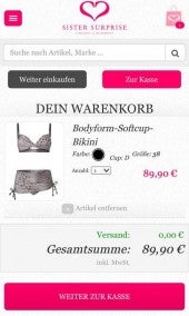 Auffällige Call-to-Action-Buttons erleichtern die Orientierung und Nutzung mobiler Shops, so wie der mobile Shop von Sister Surprise dies zeigt.