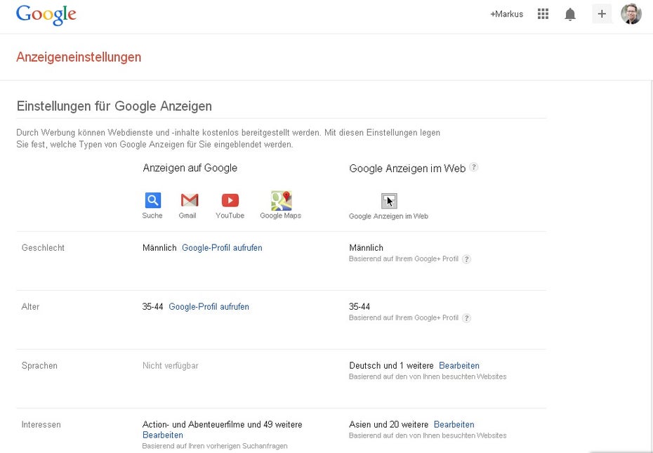 In den Anzeigeneinstellungen von Google kann man sehen, welche Daten Google zieht. Hier ist zum Beispiel das Google+-Profil des Autors die Informationsquelle.